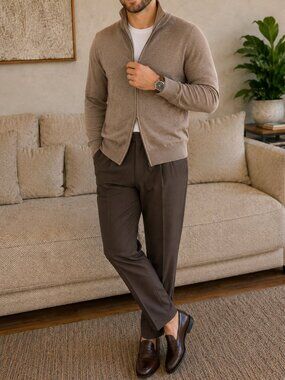 FALCONERI 100% Cashmere Full Zip Quiet Luxury Sweater Taupe Beige Size XL